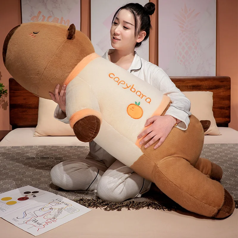 100cm Cute Giant Cartoon Capybara Plush Doll Throw Pillow Wear T-shirt Lying Capybara Plush Toy Home Decor Soft Hug Best Gift
