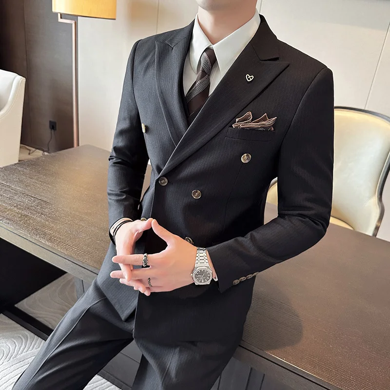 2023Men\'s High Sense (suit + Vest + Trousers) Double Breasted Weight 3/2 Piece Business Casual Bridegroom Wedding Dress Regular