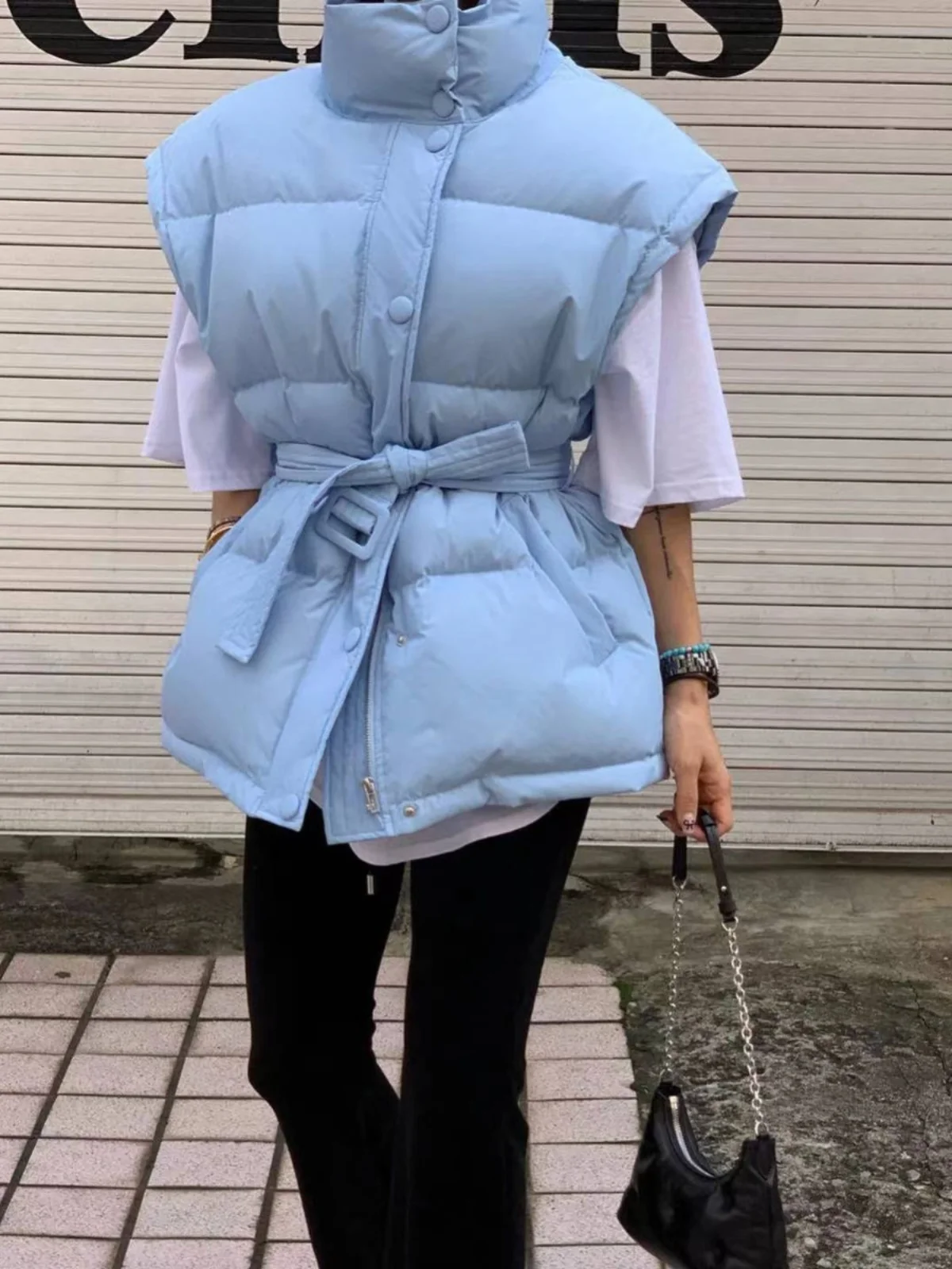 

Women's down Cotton Vest Retro Stand Collar Loose Waist Cinched Bread Coat oulder Pad Jaet Warm Commute Sle Zipper