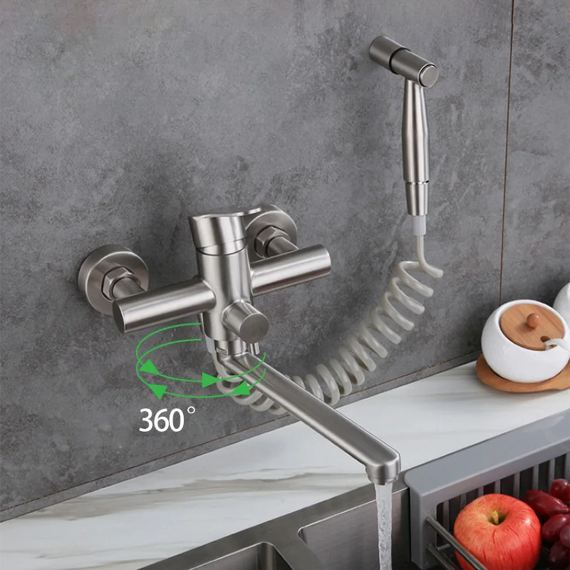 

Wall Mount Kitchen Faucet Stainless Steel Bathtub Faucet Extend Nozzle with Sprayer Dual Hole Sink Tap Cold And Hot Mixer Crane