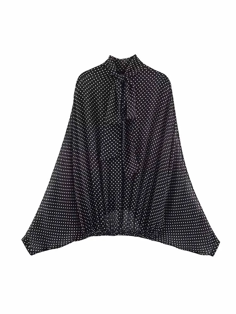 HH-Camiseta de manga larga con decoración de lazo para mujer, falda larga plisada con lunares, conjunto informal de dos piezas, moda de primavera