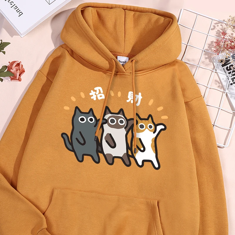 Lucky Cat White Printing Sportwear Men Cotton Letter Hoodies Trendy Round Neck Comfy Sweatshirt Personality Versatile Clothing