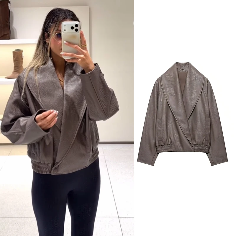 Guobioziy Fashion Women Retro Faux Leather Jacket Big Shawl Lapel Collar Raglan Sleeve Elastic Hem Casual Short Outerwear