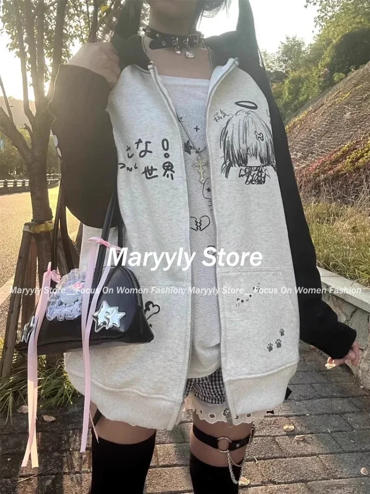 Japanese vintage Hooded Tops Women Y2k Aesthetic Cartoon Print Grunge Hoodie Casual Zip Up Sweatshirt Harajuku Streetwear new