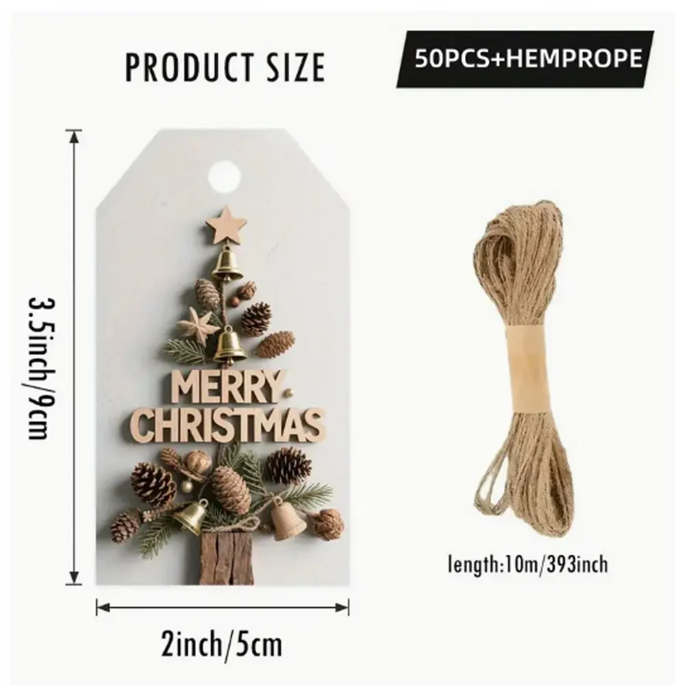 Christmas Gift Tags 50pcs, Xmas Tree Present Labels with Jute Twine, Merry Christmas Hanging Tags for Gift Wrapping