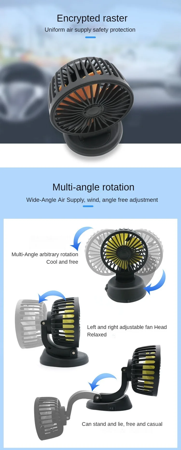 선풍기 360 ° 조절 가능한 에어 선풍기, 자동차 전기 선풍기, USB, 12V, 24V, 선풍기 무소음 선풍기, 여름, 가정 및 자동차 액세서리