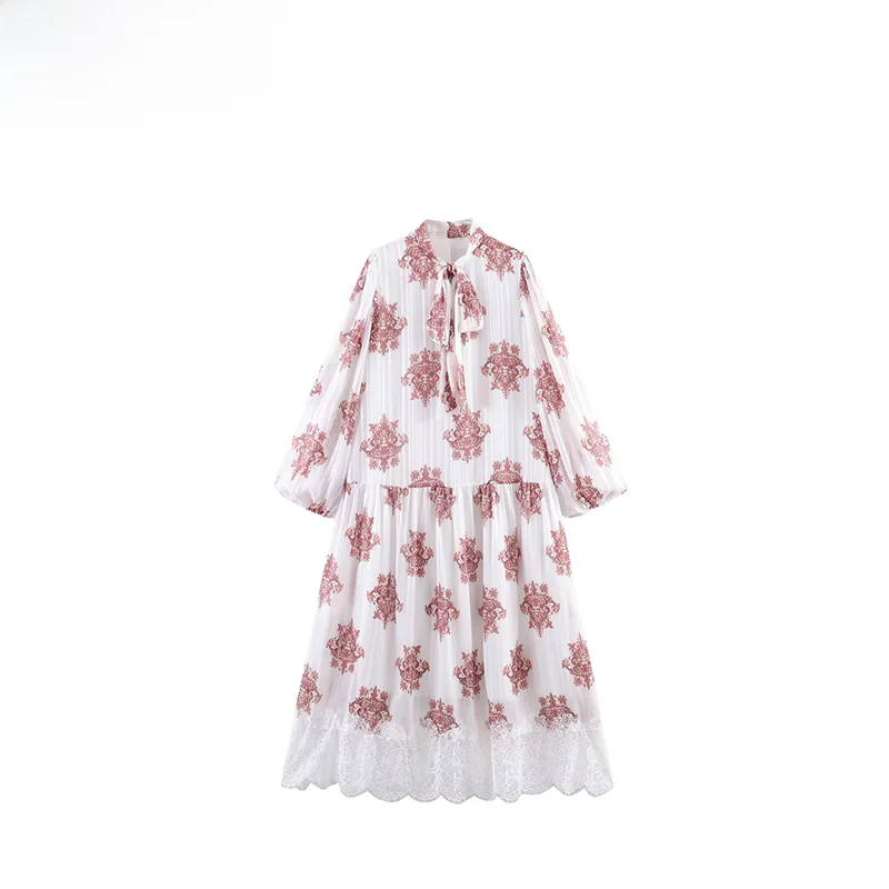 

Autumn New ZR Women's Dr Ethnic Sle Printed Gauze Lace Panelled Long Sve Casual Polyester Fiber Gown