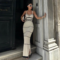 Striped Elegant Sun crochet dress Woman 2024 Summer Beach Vacation Sleeveless Bodycon Long Dresses V Neck Boho Sexy Knit