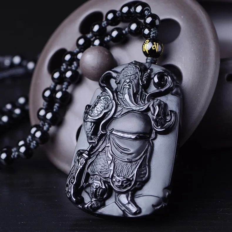 Natural obsidian pendant - Guan Gong necklace - Men's retro jade pendant