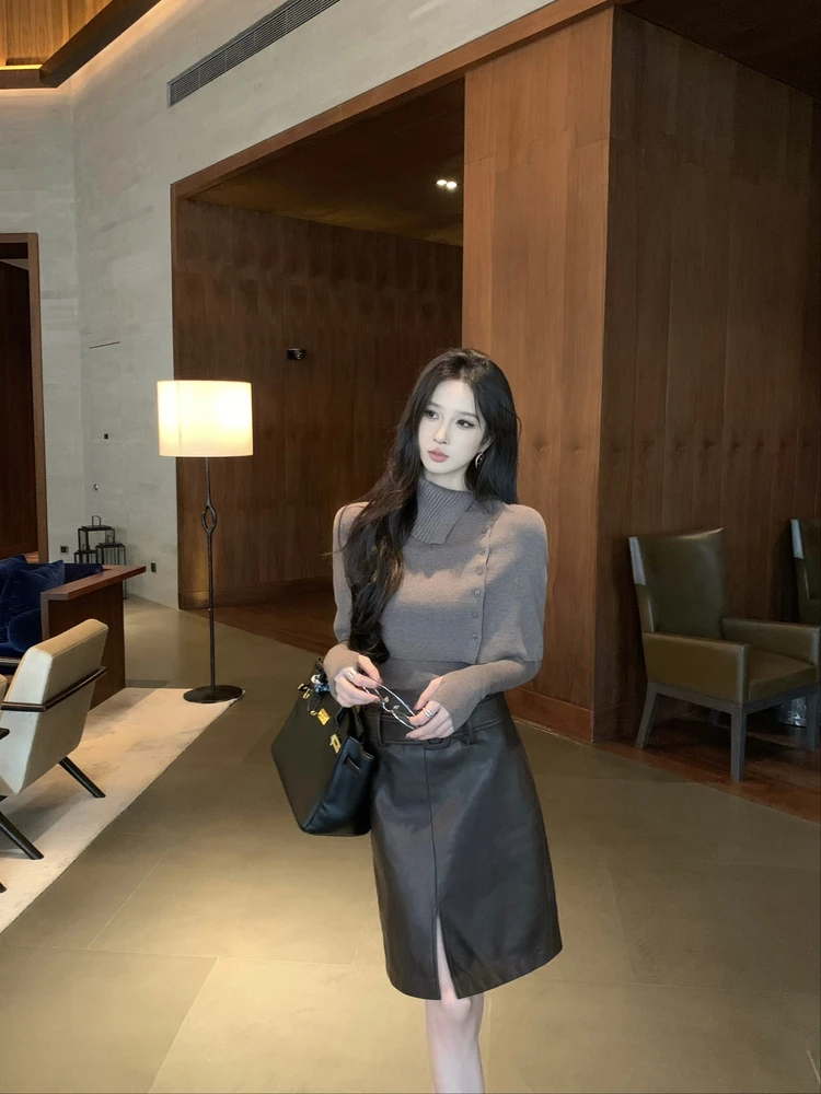 

Юбка Onion из искусственной кожи средней длины, с высокой талией, прямого кроя, повседневная, винтажная, с разрезом, осенне-зимняя новинка