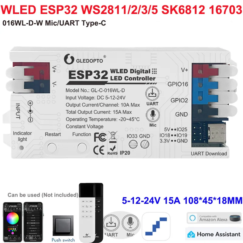 GLEDOPTO ESP32 WLED LED Controller GL-C-620/18WL with 4 Outputs Ethernet Microphone UART for WS2811 SK6812 Addressable LED Strip