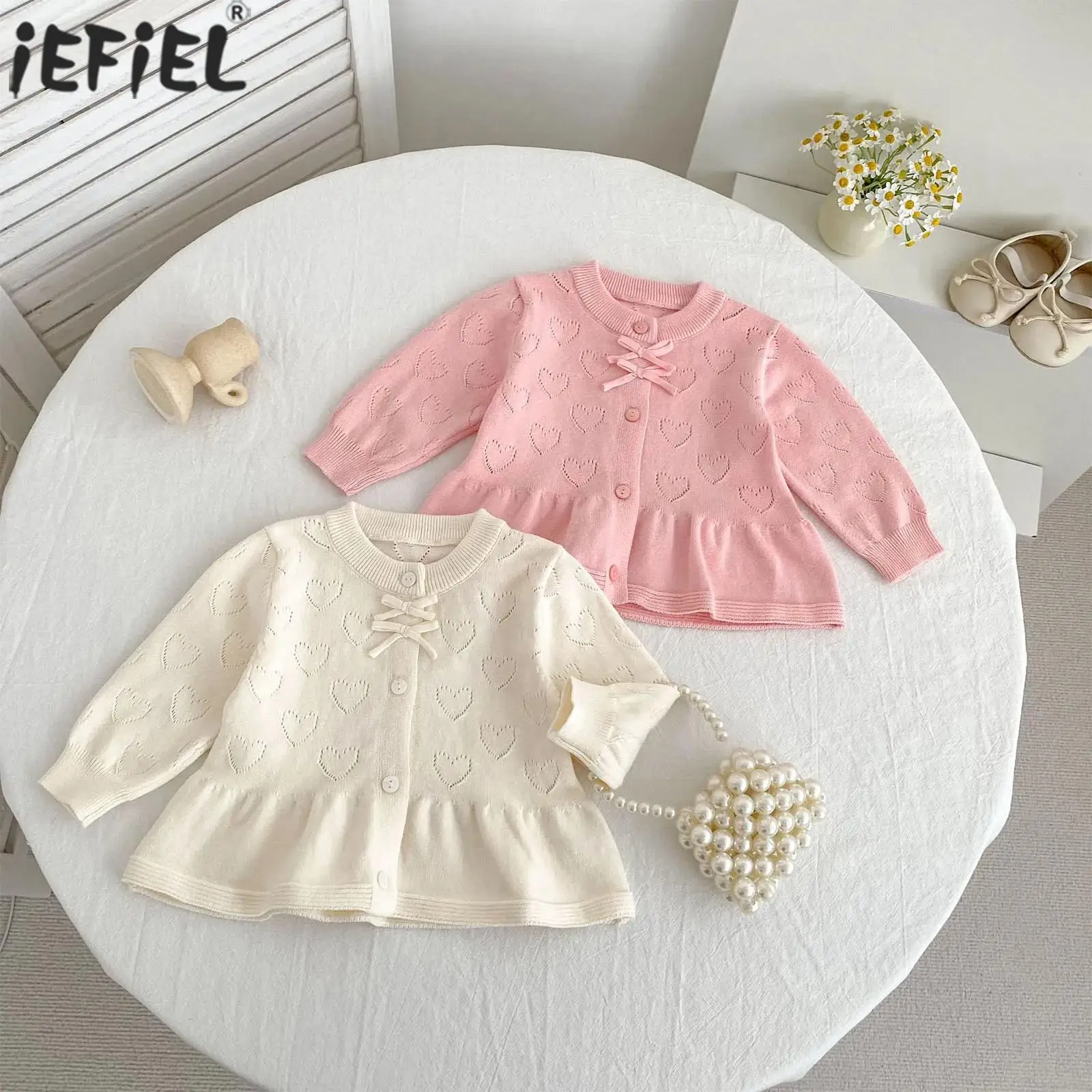 

Toddler Baby Girls Spring Autumn Knitted Sweater Cardigan Long Sleeve Heart Pattern Bowknots Jacket Coat Tops Children Clothing
