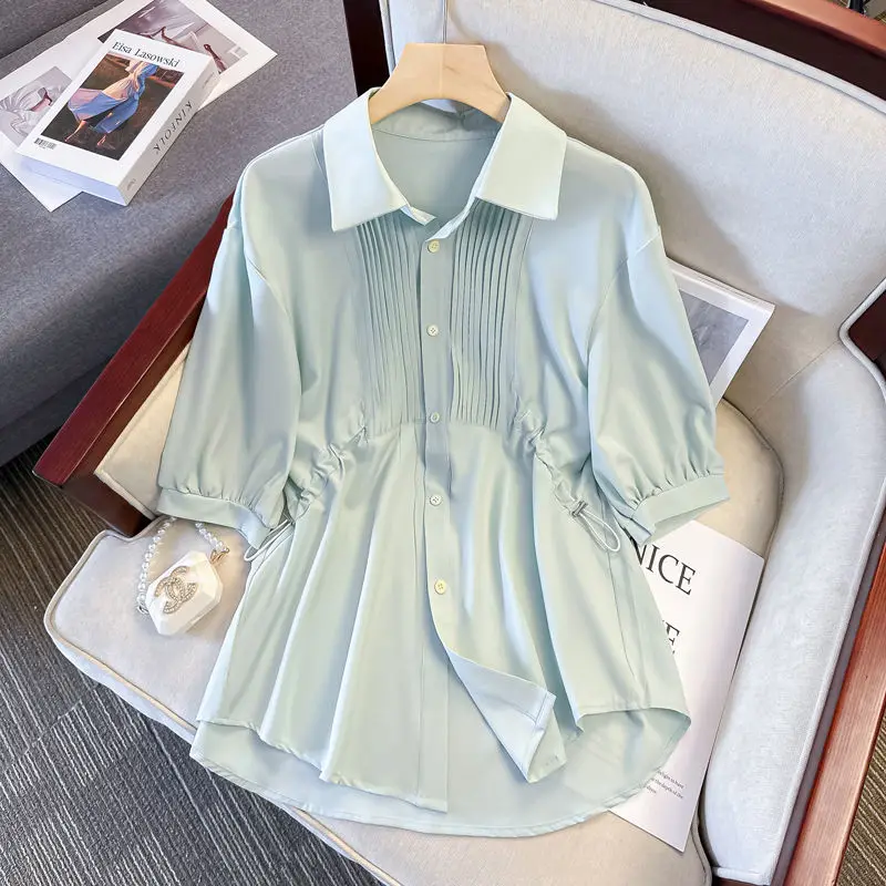 2024 Summer New Large Women\'s Fashion French Waist Reducing Age Short Sleeved Shirt Slimming Up Covering the Stomach and Hiding