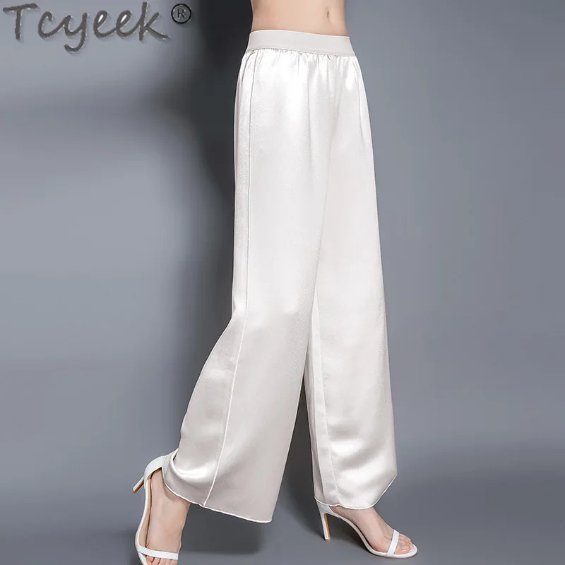 

Tcyeek 95% Mulberry Silk Pants Women Clothes Long Pants High Waist Wide Leg Pants Fashion Woman Trousers Streetwear Pantalones