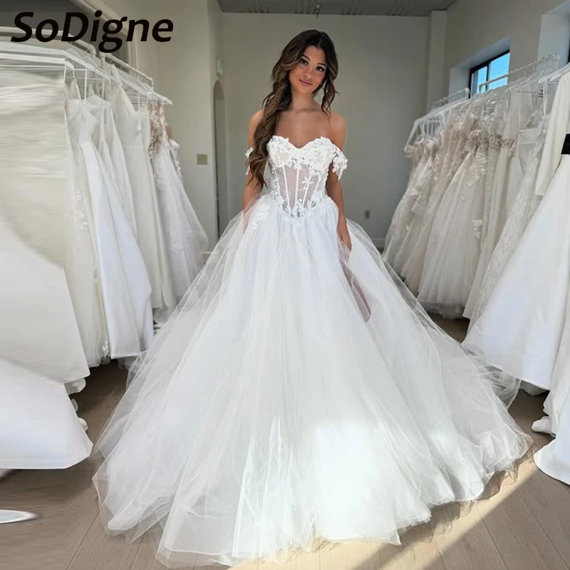 

SoDigne A-line Tulle Bride Dresses Sweetheart Off Shoulder Lace Appliques Wedding Dress Beach Long Bridal Gown Customized