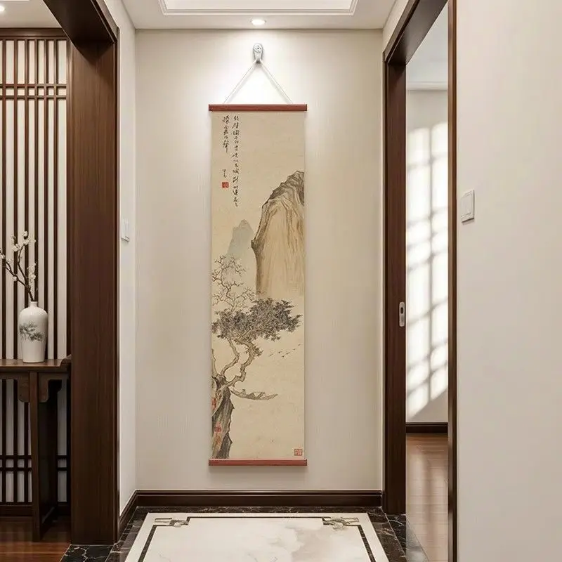 Zen Landscape Wall Art Wooden‑Framed Ink Painting Asian Minimalist Scroll Hanging Art for Living Room Meditation Home Wall Decor