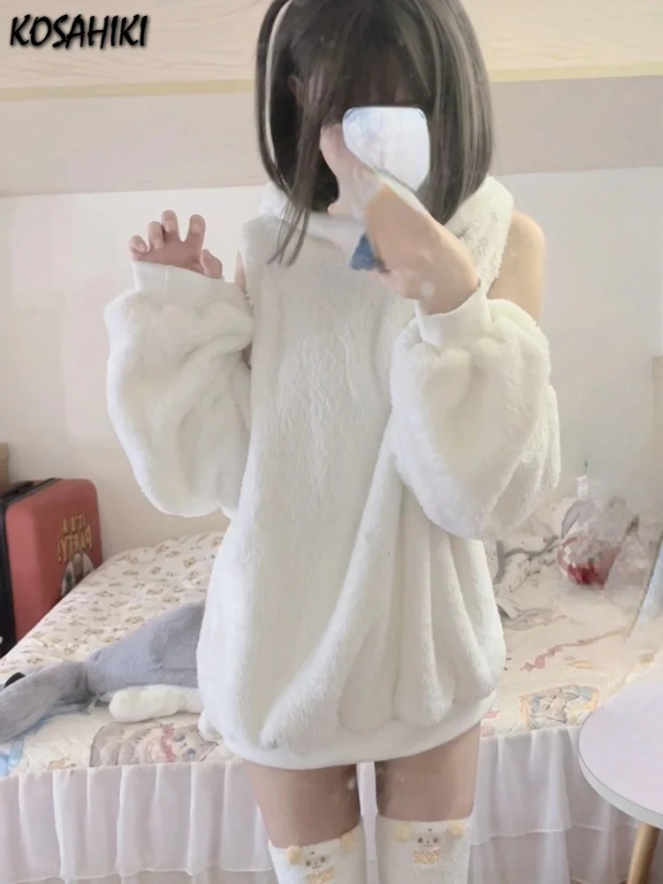 Japanese Lamb Wool Jacket Off Shoulder Sheep Ear Pullovers +short Pants Korean Fashion White Hooded Kawaii 2 Piece Sets Womens