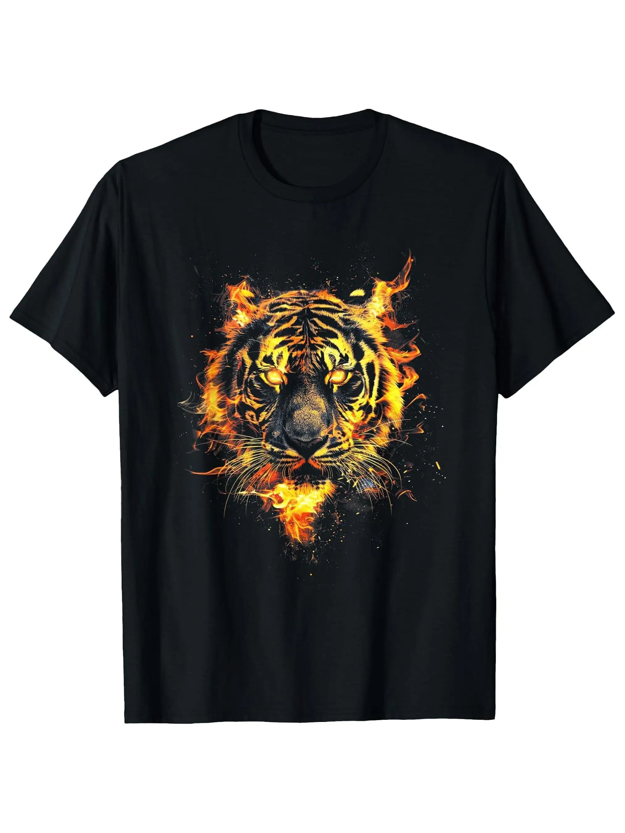 

Fire Tiger Head Graphic Tee Men Breathable Cotton Crew Neck Short Sleeve Retro Streetwear T-Shirt