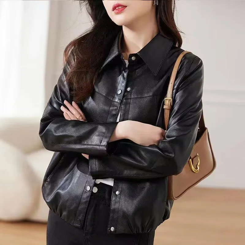 Women Long Sleeves Leather Clothing Coat 2024 Ladies Short PU Leather Jacket Autumn Female Large Size 5XL Faux Leather Tops