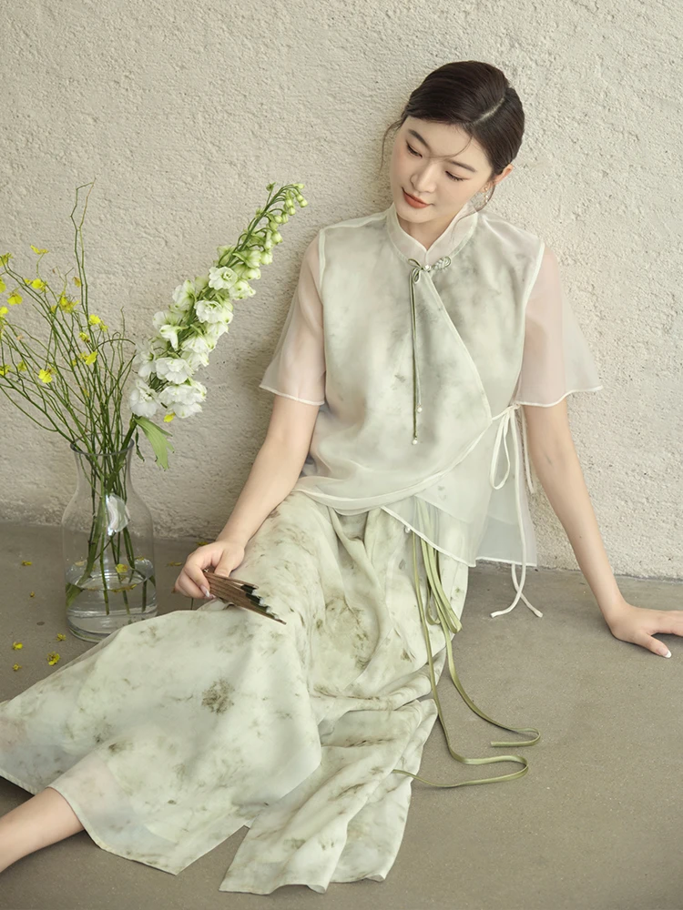 

Оригинальный летний чайный костюм в китайском стиле с воротником-стойкой и пуговицами для женщин, комплект с юбкой