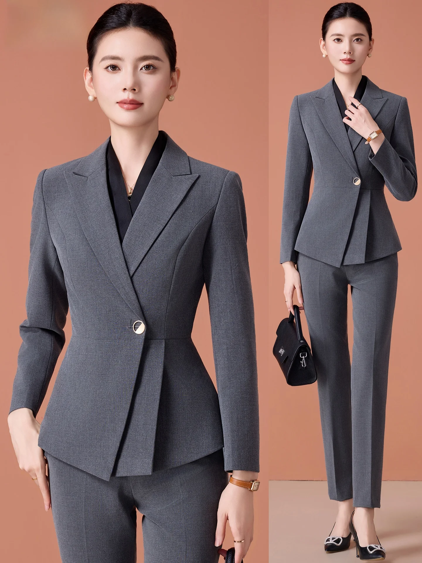 Gray Professional Suit Set for Women Autumn Elegant Jewelry Store Front Desk Reception Workwear Beauty Salon Uniform