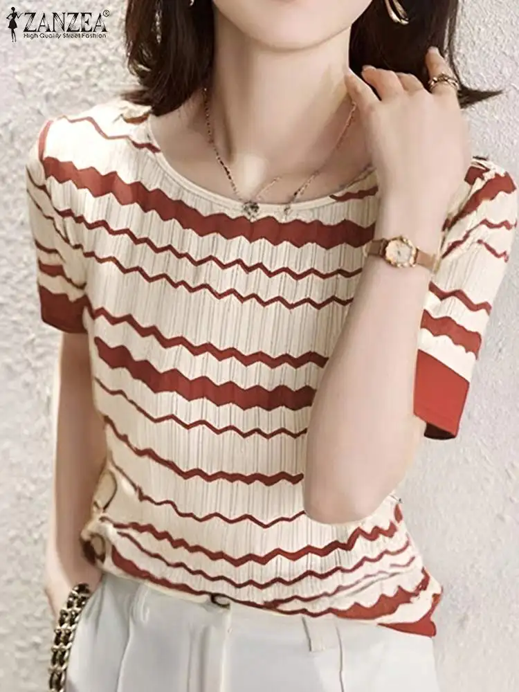 ZANZEA Summer T Shirts Casual Loose Holiday Knitted Tees Women Short Sleeve Boat Neck Blouses Vintage Striped Wave Printed Tops