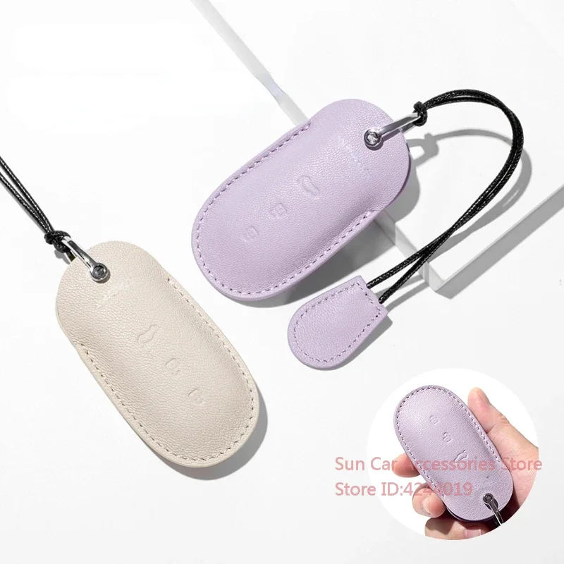 

For AITO M5 202 2023 M7 2022 2024 Off White + Taro Purple Goat Skin Leather Car Remote Key Case Cover Keychain Accesorios