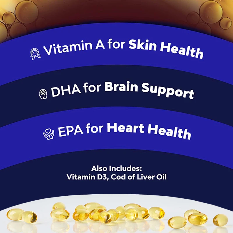 Cod Liver Oil Capsules- Wild Caught EPA DHA Omega3 Fish Oil 1000mg with Vitamin D3 & A for Heart Joint Brain & Immune Support