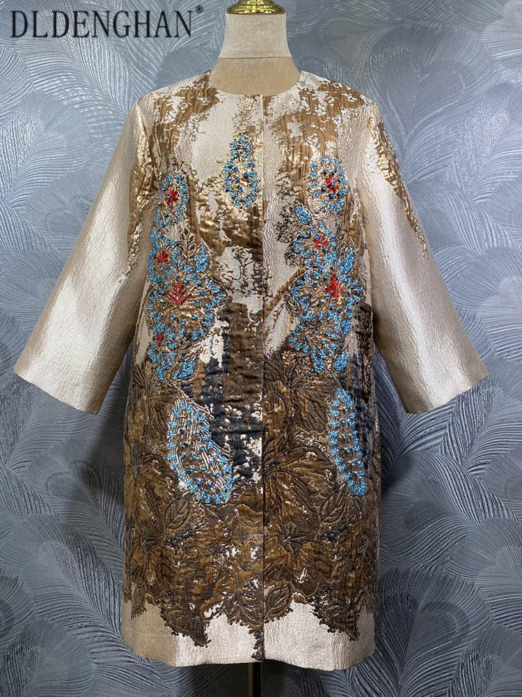 

DLDENGHAN Beading Jacquard Coat For Women O-Neck 4/3 Sleeved Pockets Concealed Button Street Style Outerwear Autumn Female