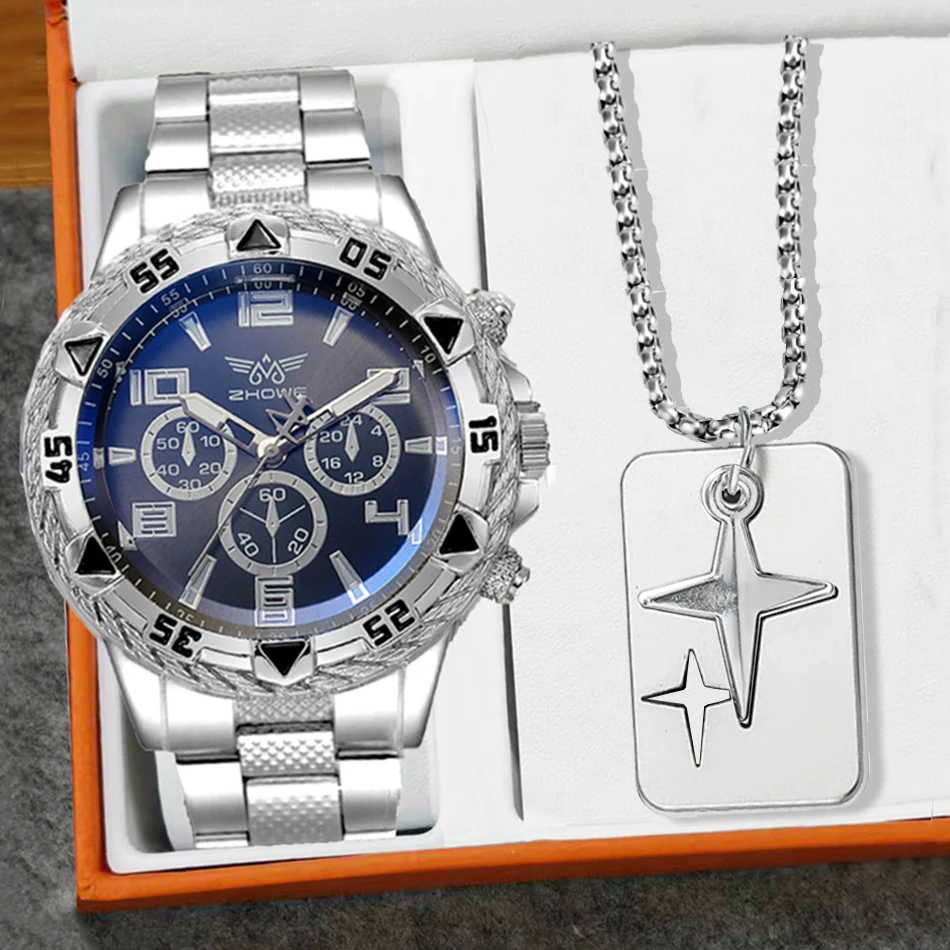 남자 시계 세트 + 크로스 패션 캐주얼 스테인레스 스틸 3 다이얼 쿼츠 시계 아버지의 날 졸업 선물 세트