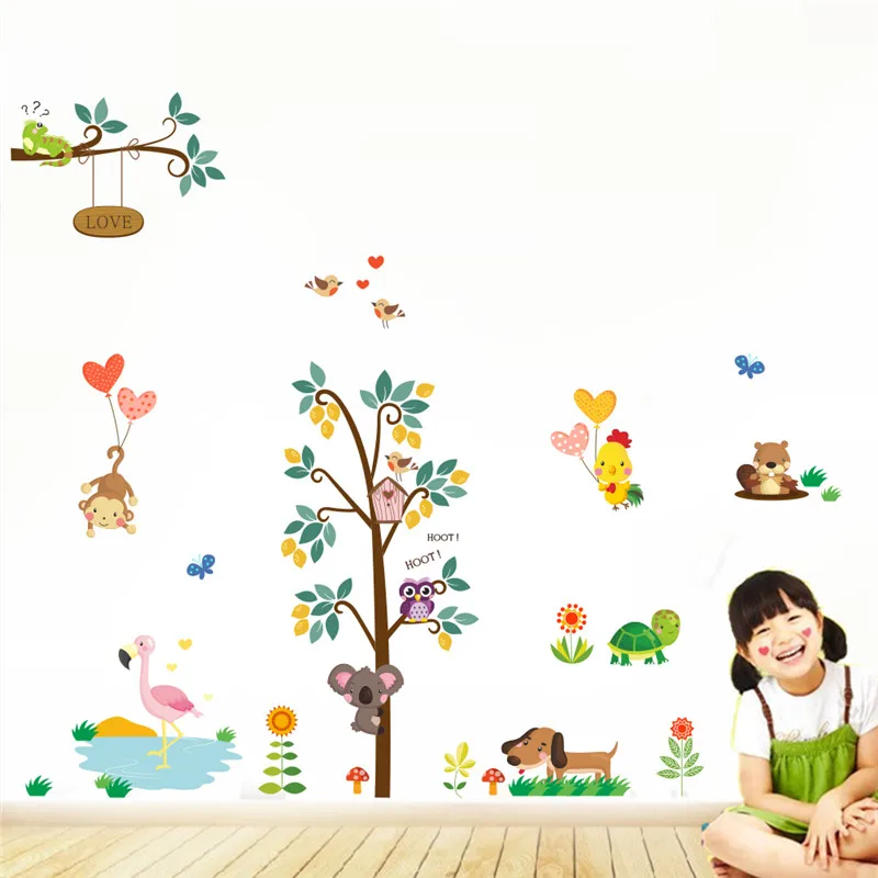 Pegatina de pared con diseño de búhos, monos, perros y flamencos, con motivos de animales y árboles, ideal para decorar la habitación de los niños en el jardín de infancia, el hogar o como mural artístico con motivos de safari y zoológico.
