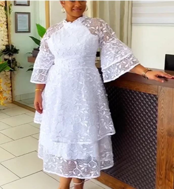 Witte Kanten Jurken Voor Dames Bruiloftsgasten Elegante Turn Down Kraag Pofmouwen Geplooide Zoom Midi Jurk Luxe Gelegenheid Kleding