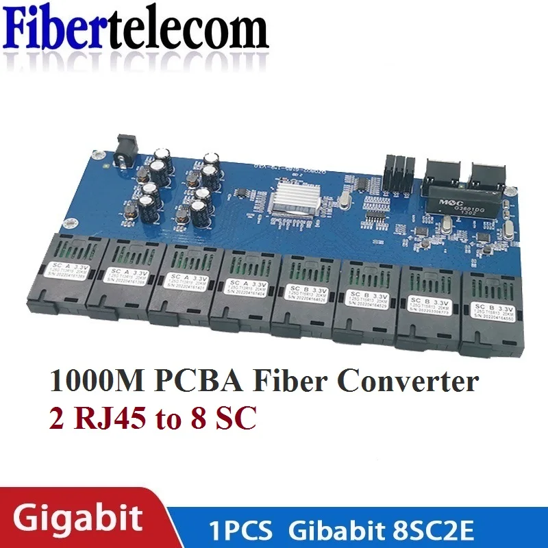 Single Mode Fiber Optic Convertor, PCBA Board, 8 Fiber Optic Ports, 2 RJ45 Port, 0-20KM, 1310/1550