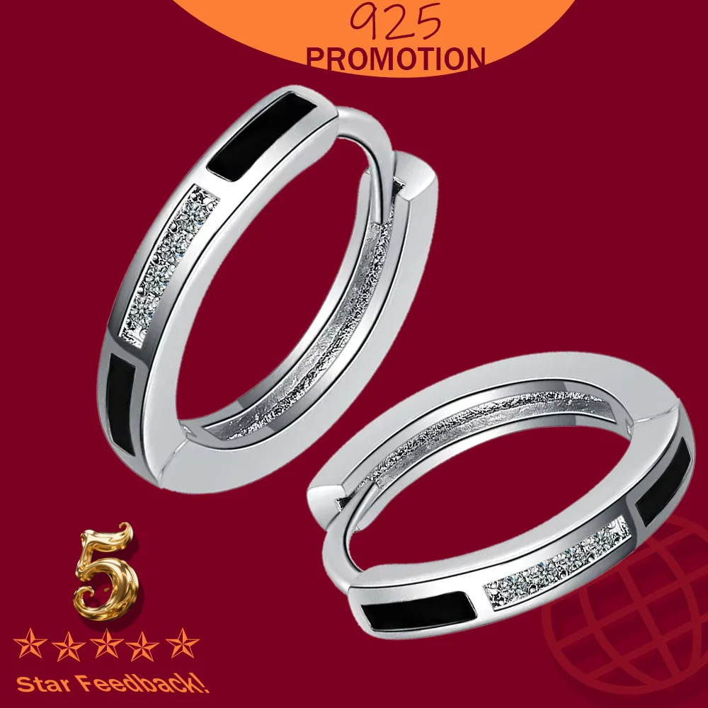 

Black Earring For Women Classic High Quality Jewelry New Stamp 925 Sterling Silver crystal Hoop Earrings