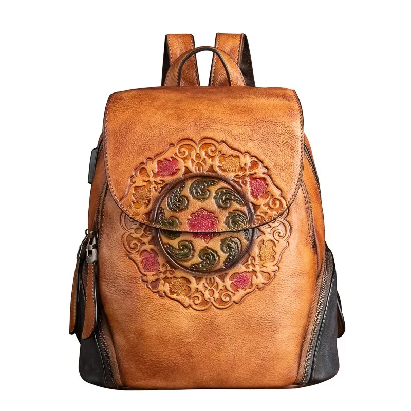 Ladies Fashion Backpack Women Retro Genuine Leather Backpacks Handmade Embossed Vintage Bag