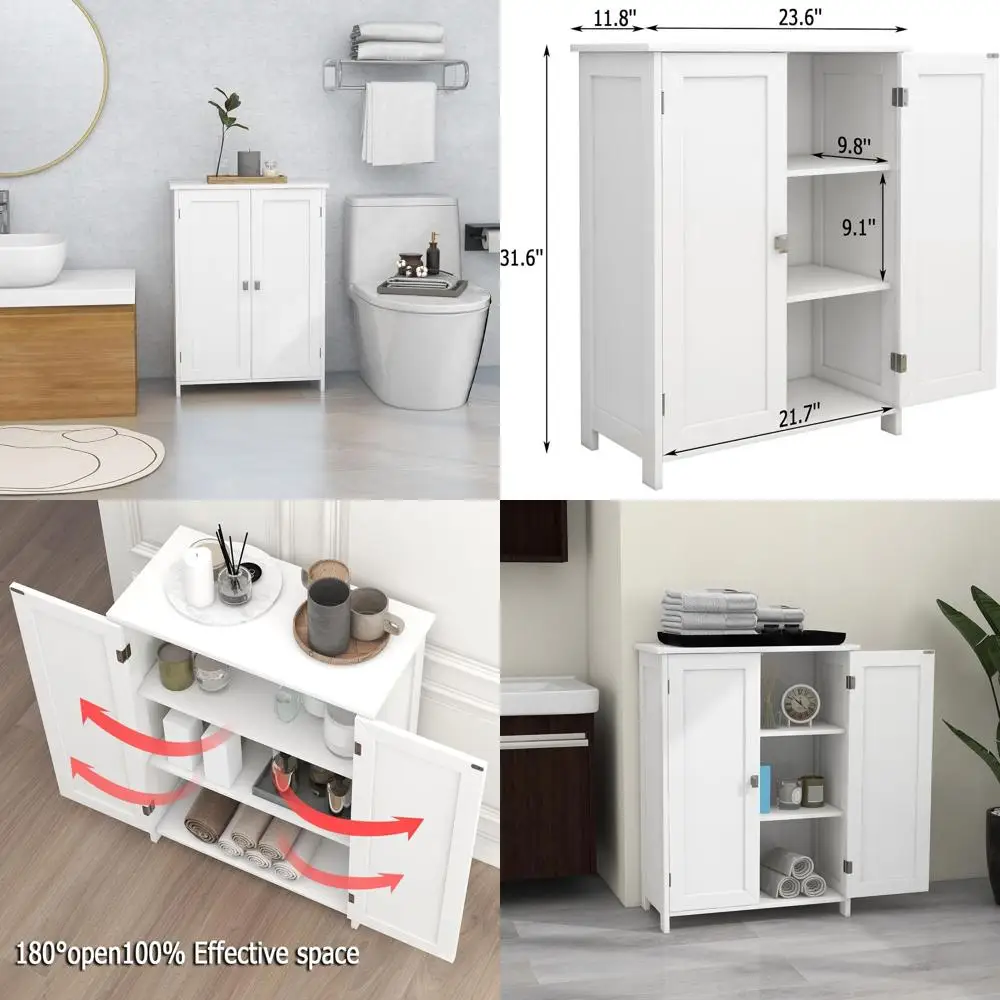 

White Double-Door Floor Cabinet for Bathroom and Living Room Storage
