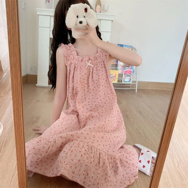 Summer Night Dress Women Sweet Sleepwear Nightgown Sleeveless Thin Korean Style Students Cute Night Wears for Women Home Clothes