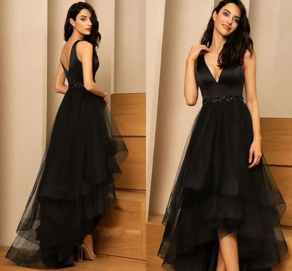 

Elegant special high-low beaded black Ball Dress New 2024 sexy V-neck asymmetrical tulle evening gown Custom Evening dress