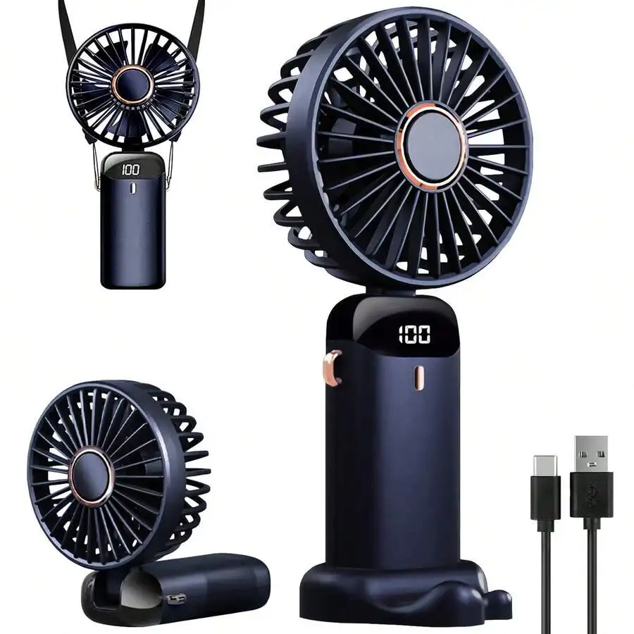 1pc Rechargeable LED Display Portable Mini Foldable Desk/Halter Fan, 5 Speeds 5-Blades Quiet Operation
