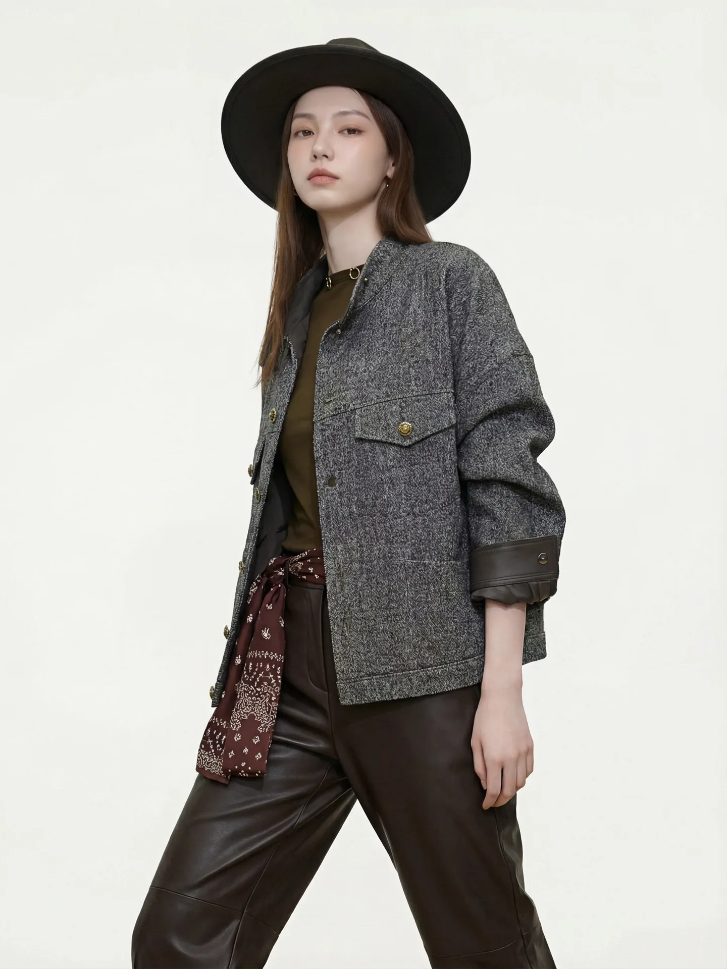 

Casual Patchwork Collar Windproof ort Coat BW Lazy Sle Artistic Vintage Autumn Wear Women's Straight Tube Outerwear