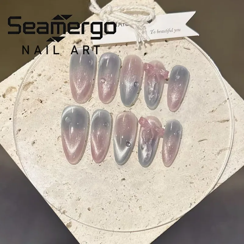 

24PCS Pink Blue Smudging Cat Eye Almond Stick on False Nails Sweet 3D Bowknot Elegant Fake Nails for Women Wearable Acrylic Nail
