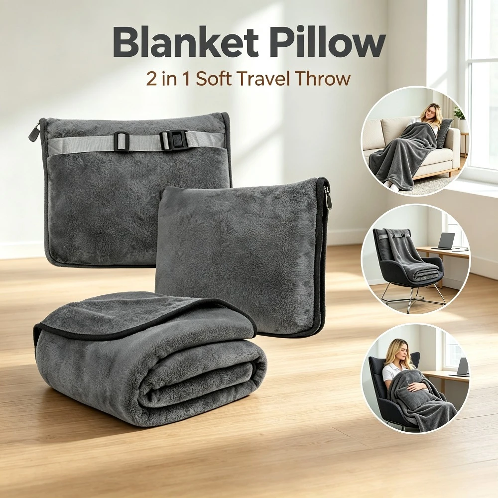 Coral Fleece Airplane Blanket Soft Warm Fluffy 2 In 1 Travel Pillow Cuddle Cushion Portable Sleeping Throw For Office Car Trip