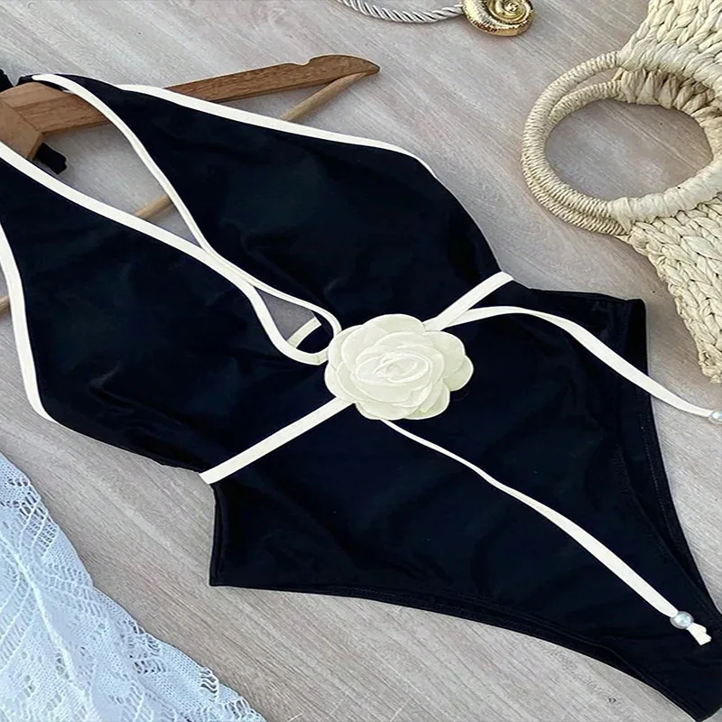 New solid color halter neck floral waist-cinching slimming one-piece sun-protective beach bikini swimsuit