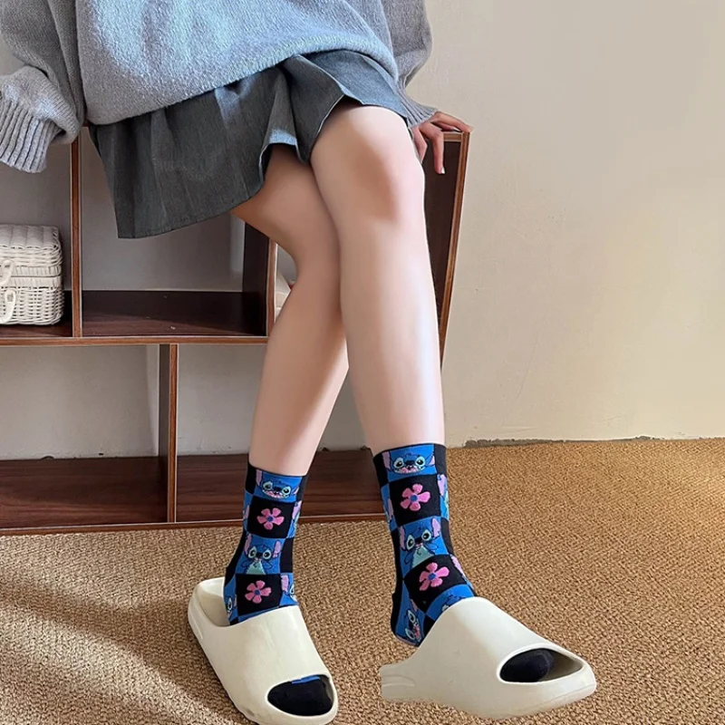 Kawaii  New Anime Cartoon cute Stitch Pure Cotton Socks Medium Length Socks Combed Cotton Birthday Gift for Girls Friends Boys