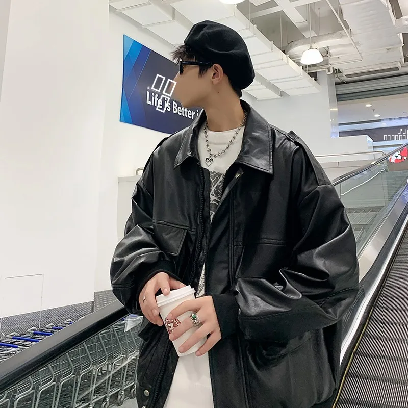

American Retro Hong Kong Sle Men's PU Leather Jaet Luxury Lightweight Biker Coat Trendy Streetwear Casual Loose Fit