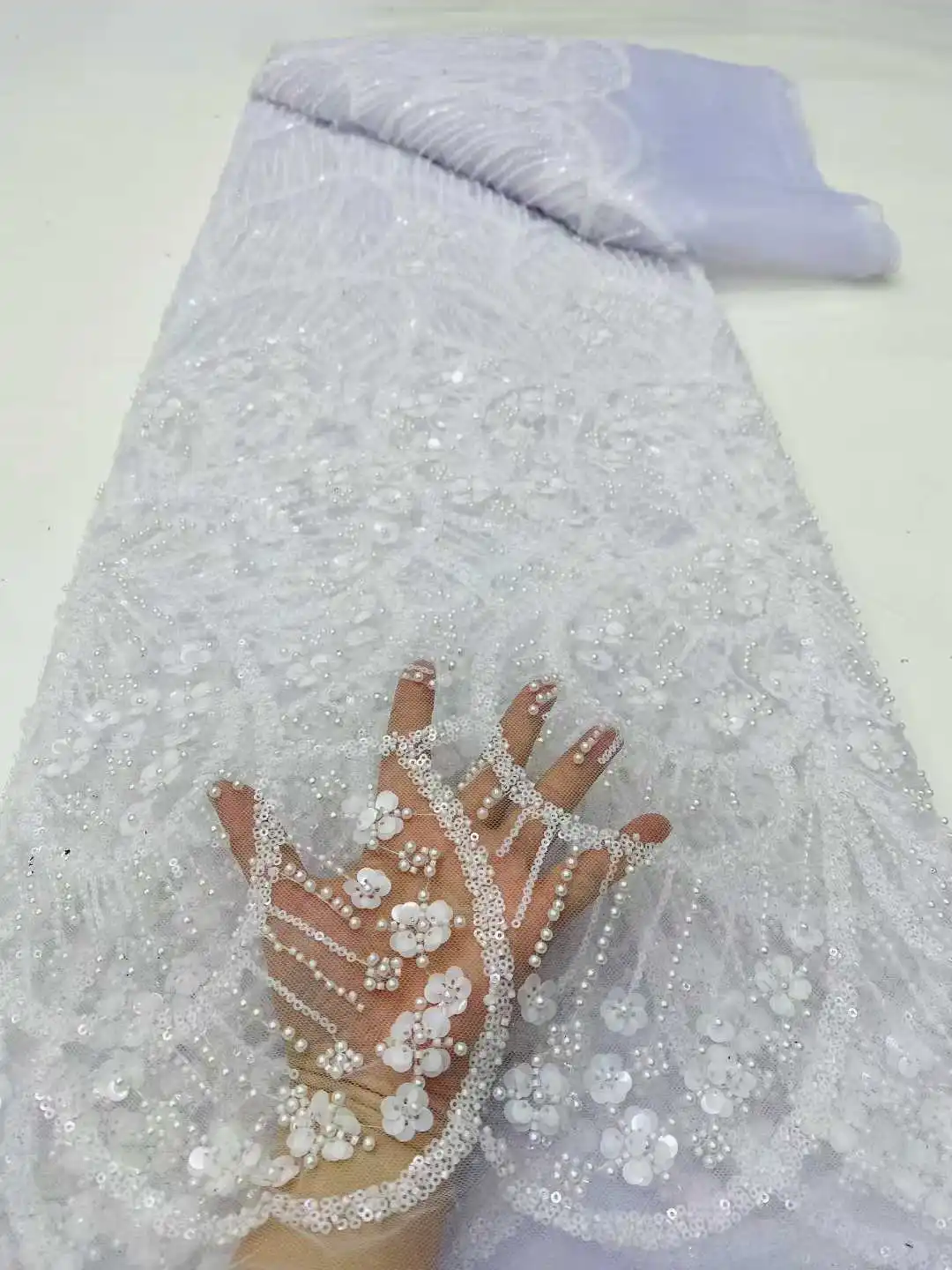 2026 Hoge kwaliteit elegante zachte tule kanten stof met pailletten en stenen voor bruiloft-avondjurk - Oostenrijk LatestNN5691_Z 5Yards