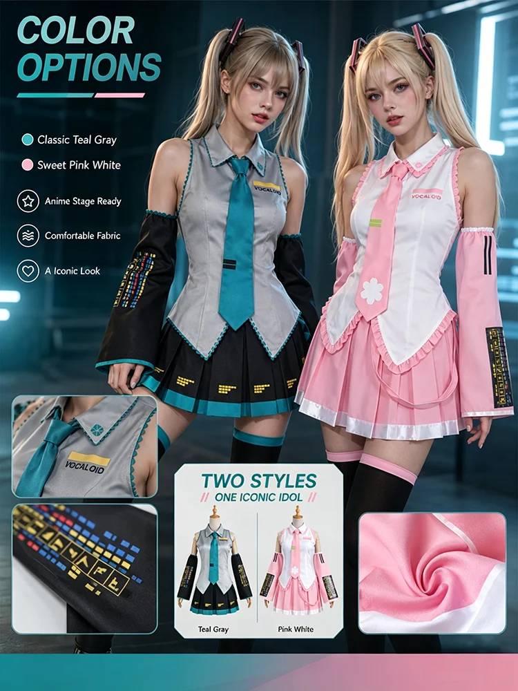 Costume de cosplay de chanteuse virtuelle Miku pour Halloween, deux couleurs, robe de performance, perruque de couleur standard Mi Kuu, pour fille, collection Printemps Sara