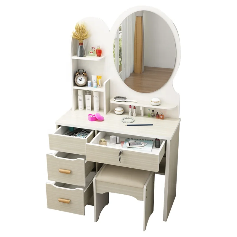Bedroom Furniture Hot Sale Adult pink 4 Drawer Wooden Makeup Dresser with Mirror Vanity Dressing Table with 4 Drawers and Stool