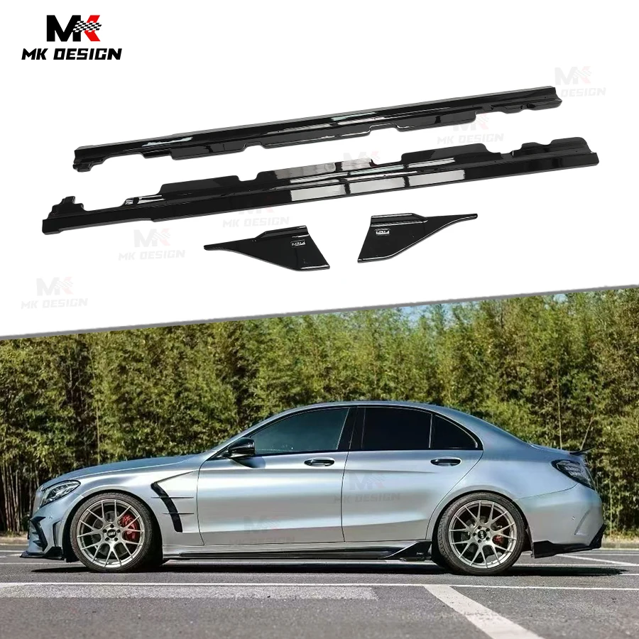 VTEN Style Side Skirts Extension Lip Aprons For Mercedes Benz C-Class W205 C43 C63 C260 4 Doors Sedan 2015-2021 ABS Side Skirts