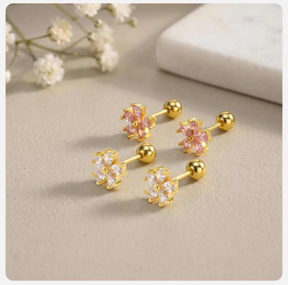 Vnox Süße Blumen-Ohrstecker mit Rosa Kubischem Zirkonia für Damen, Vergoldet, Glänzende Kristalle, Schraubverschluss, Piercing-Schmuck – Detail 6